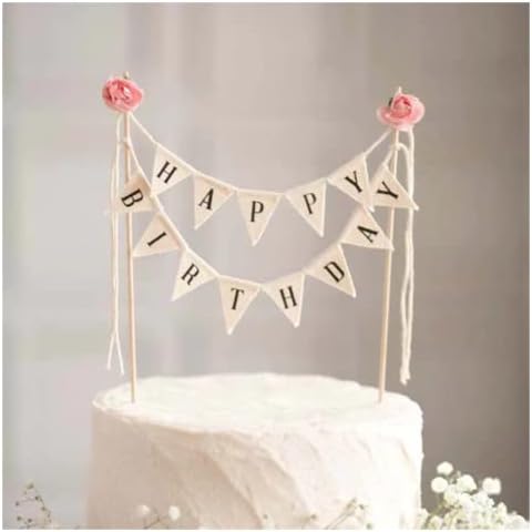 Happy Birthday Cake Bunting Topper with Ivory Wood Pole and Pink Rose