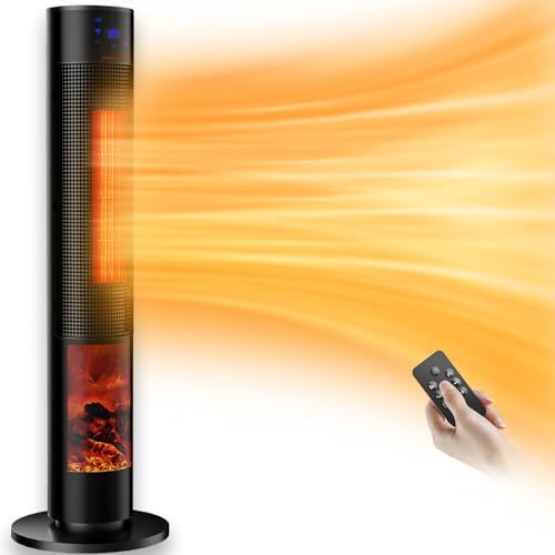 Ceramic Tower Heater with 3D Flame and Remote Control