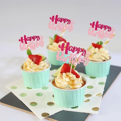 Ephlyn 24Pcs Happy Birthday Glitter Cupcake Toppers
