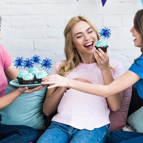 Gyufise 30Pcs Foil Firework Cupcake Toppers Blue