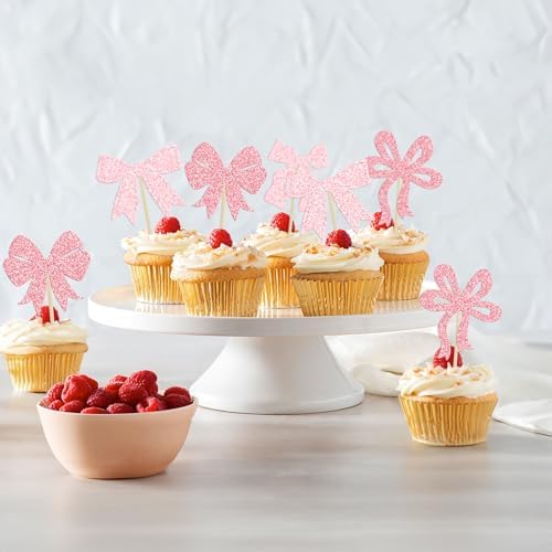 Ephlyn 24Pcs Pink Bow Cupcake Toppers for Birthday Parties