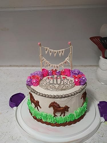 Happy Birthday Cake Bunting Topper with Ivory Wood Pole and Pink Rose