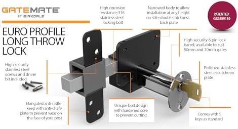GateMate Long Throw Lock 1490096 316 Stainless Steel Black 5 Keys