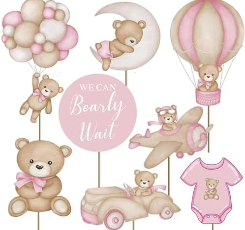 Zliisang 16Pcs Pink Bear Baby Shower Centerpieces Cake Decorations