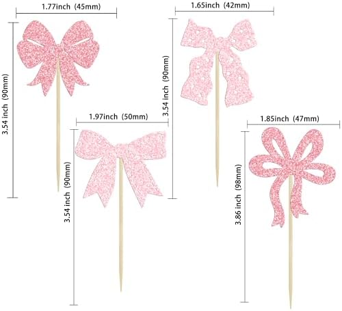 Ephlyn 24Pcs Pink Bow Cupcake Toppers for Birthday Parties
