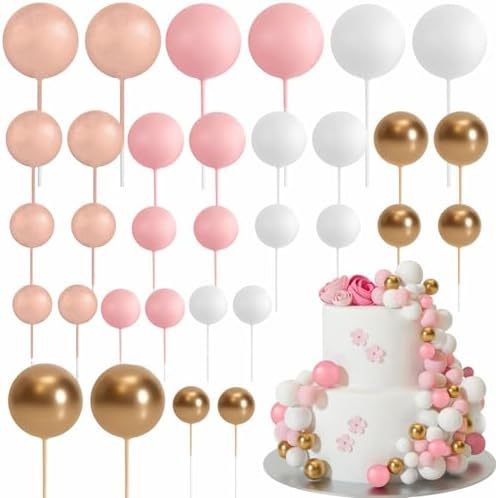 ASTARON 32 Pcs Ball Cake Topper Decorations Rose Gold Pink