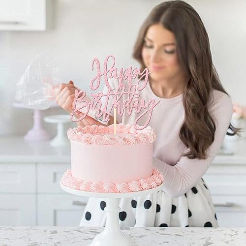 1 PCS Happy Birthday Cake Topper Glitter Cake Pick Light Pink