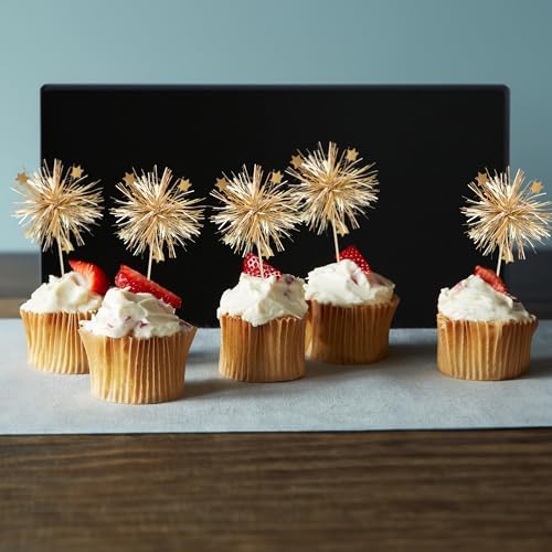 Gyufise 30Pcs Foil Firework Cupcake Toppers Gold Sparkle