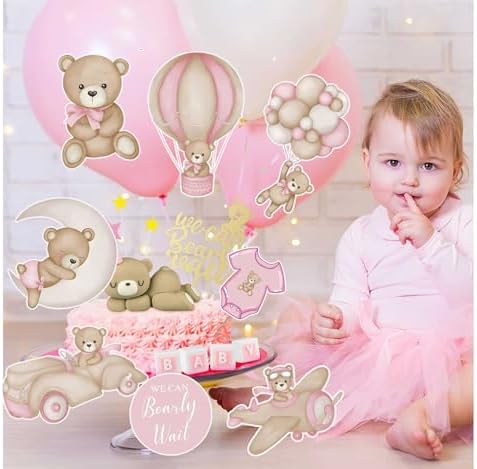 Zliisang 16Pcs Pink Bear Baby Shower Centerpieces Cake Decorations