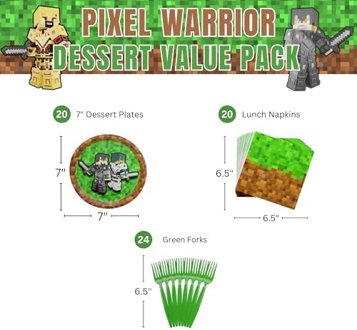 Pixel Warrior Party Plates 64 Pieces - 7 Dessert Plates Green Forks