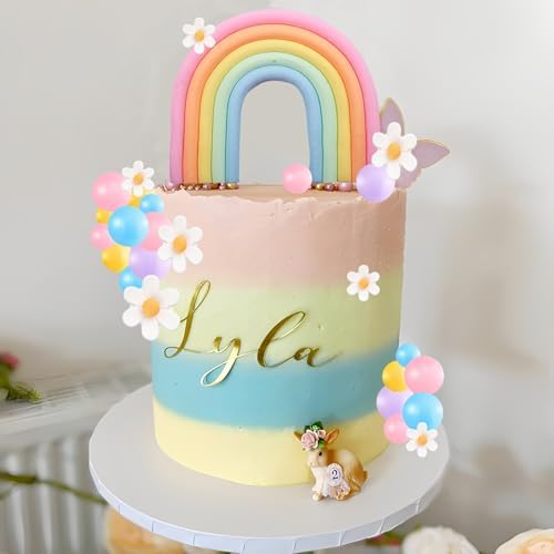 Qoadwem Boho Cake Toppers 26pcs Rainbow Daisy Decorations