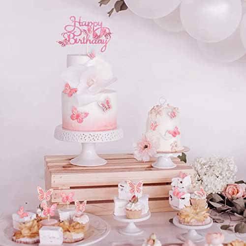 13-Piece Pink Butterfly Cake Toppers for Birthday Decorations