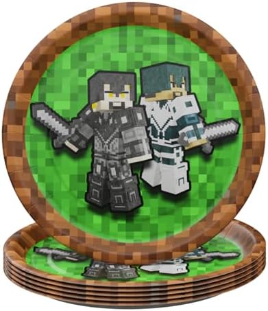 Pixel Warrior Party Plates 64 Pieces - 7 Dessert Plates Green Forks