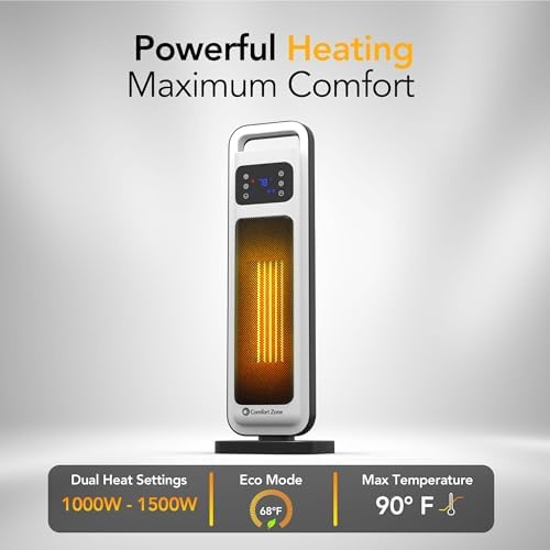 Comfort Zone 26-Inch 1500W Tower Electric Heater with Remote Control