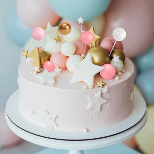 ASTARON 32 Pcs Ball Cake Topper Decorations Rose Gold Pink