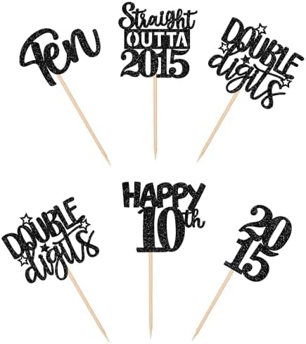 30PCS Black 10th Birthday Cupcake Toppers Glitter