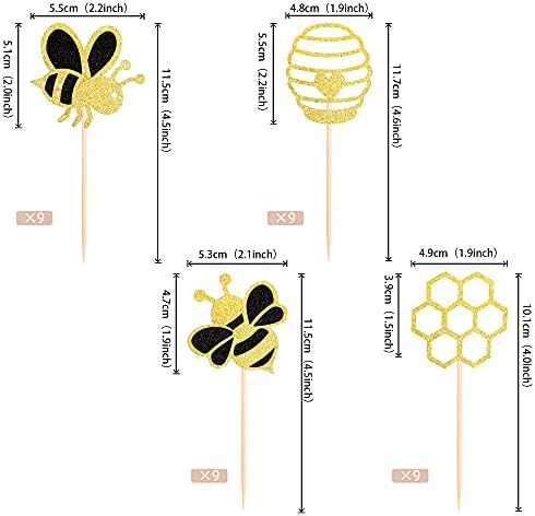 36PCS Bumble Bee Cupcake Toppers Glitter Bee Decorations