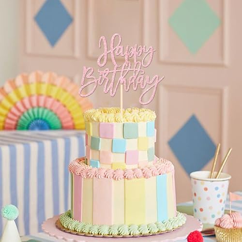 1 PCS Happy Birthday Cake Topper Glitter Cake Pick Light Pink