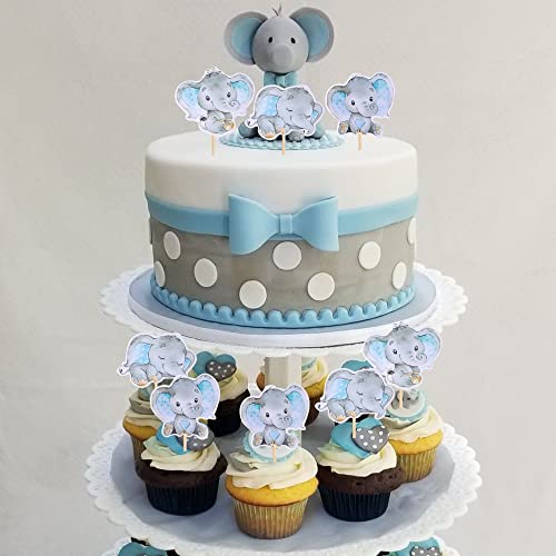 36PCS Blue Elephant Cupcake Toppers for Boys Party