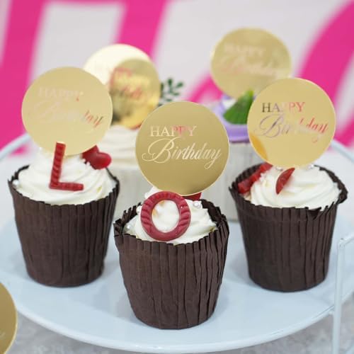 20pcs Gold Mirror Cupcake Toppers with Happy Birthday Design
