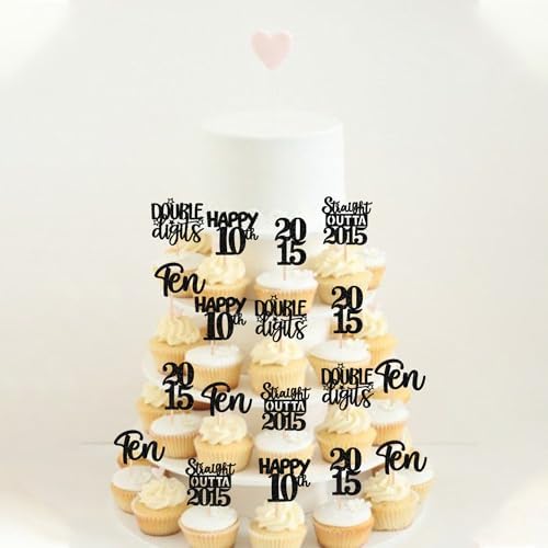 30PCS Black 10th Birthday Cupcake Toppers Glitter