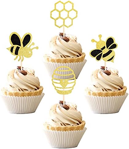 36PCS Bumble Bee Cupcake Toppers Glitter Bee Decorations