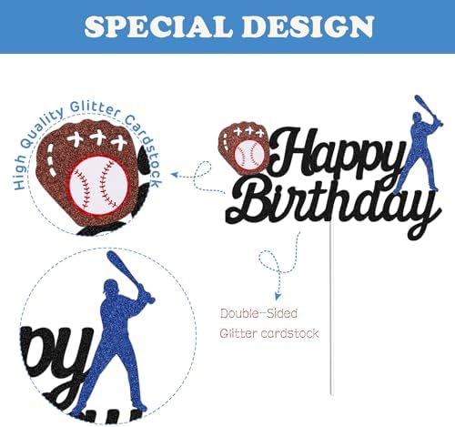Concico Baseball Cake Topper - Black Glitter Birthday Decor