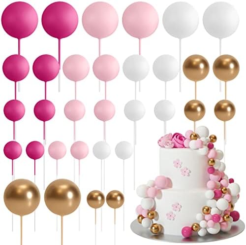 ASTARON 32 Pcs Pink Gold Ball Cake Decorations
