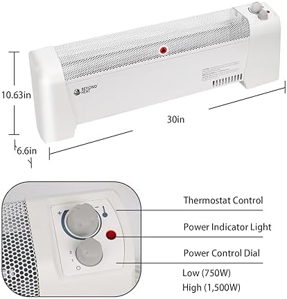 BEYOND HEAT Electric Baseboard Heater - 1500W Convection with Thermostat and Overheat Protection