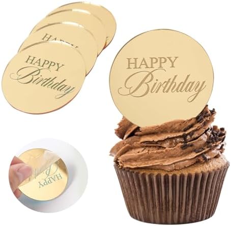 20pcs Gold Mirror Cupcake Toppers with Happy Birthday Design