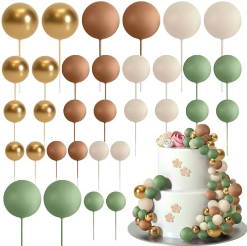 ASTARON 32 Pcs Mini Balloon Cake Decorations Green Brown Gold