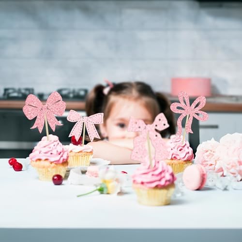 Ephlyn 24Pcs Pink Bow Cupcake Toppers for Birthday Parties