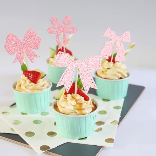 Ephlyn 24Pcs Pink Bow Cupcake Toppers for Birthday Parties