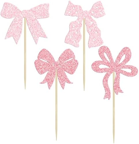 Ephlyn 24Pcs Pink Bow Cupcake Toppers for Birthday Parties
