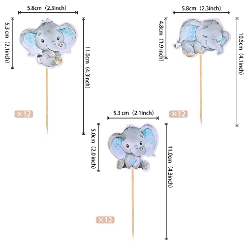 36PCS Blue Elephant Cupcake Toppers for Boys Party