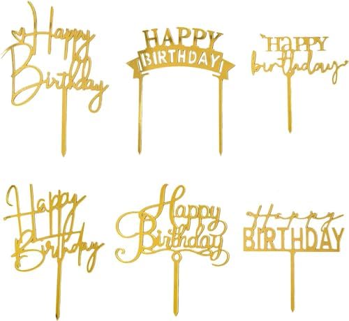 Gold Birthday Cake Topper 6pcs Acrylic Party Decorations