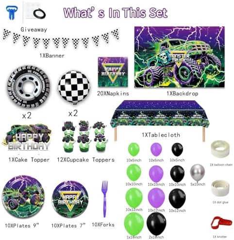 Heidaman 182Pcs Monster Truck Birthday Decorations 1
