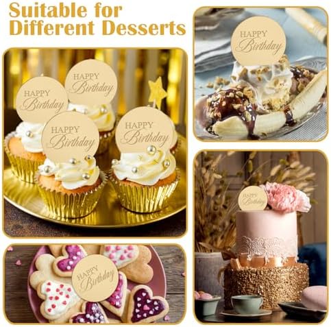 20pcs Gold Mirror Cupcake Toppers with Happy Birthday Design