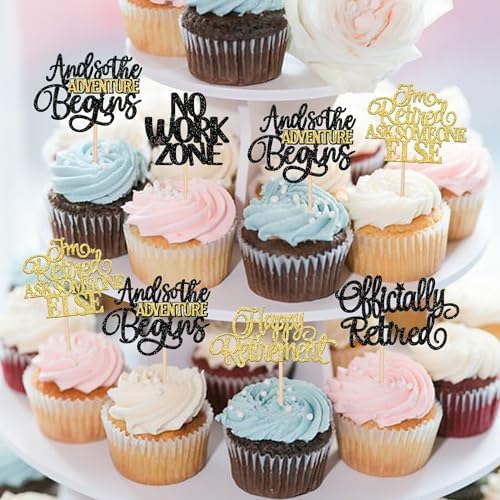 30 PCS Black Gold Happy Retirement Cupcake Toppers