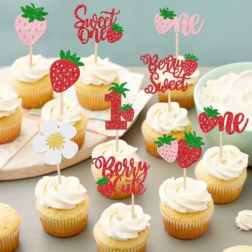 ZHUOWEISM 30 PCS Strawberry Cupcake Toppers Decorations