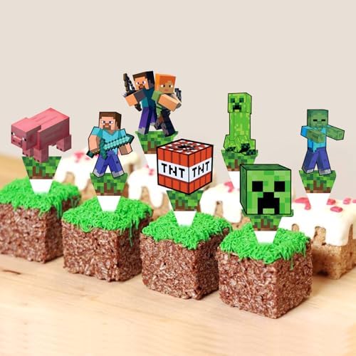 Pixel Style Cupcake Toppers for Kids Birthday Party Decorations
