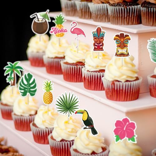 24 Pcs Hawaiian Cupcake Toppers Non-Edible Cake Picks for Summer Parties