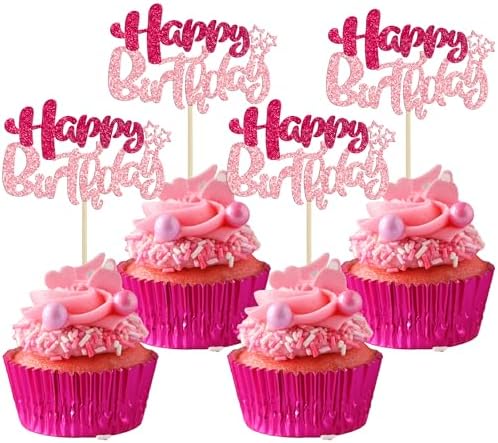 Ephlyn 24Pcs Happy Birthday Glitter Cupcake Toppers