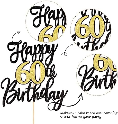 ZHUOWEISM 1 PCS 60th Birthday Cake Topper Black Gold Glitter