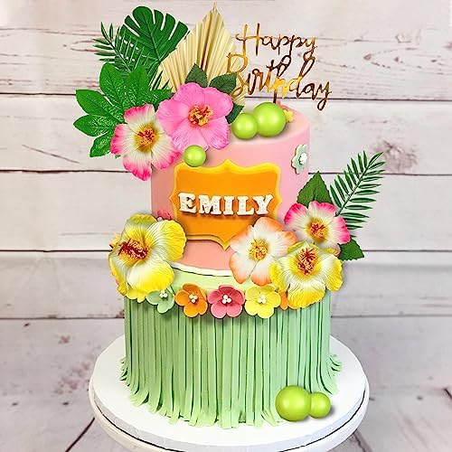 DRWATE 25PCS Hawaiian Cake Decorations with Palm Leaves