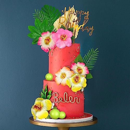 DRWATE 25PCS Hawaiian Cake Decorations with Palm Leaves