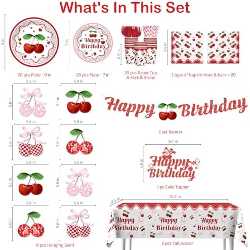 Cherry Birthday Tableware Set with Decorations 20 Serves