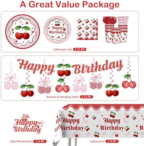 Cherry Birthday Tableware Set with Decorations 20 Serves