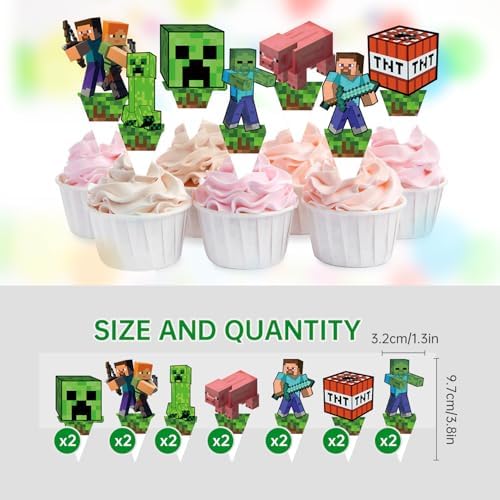Pixel Style Cupcake Toppers for Kids Birthday Party Decorations