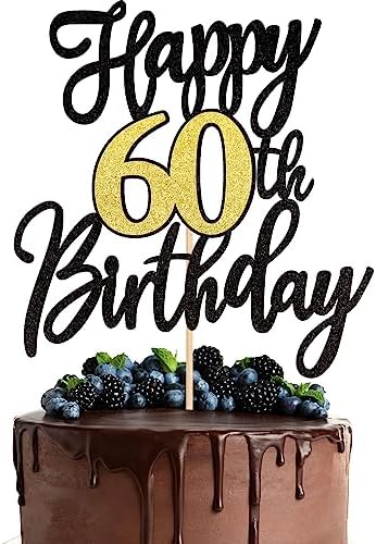 ZHUOWEISM 1 PCS 60th Birthday Cake Topper Black Gold Glitter